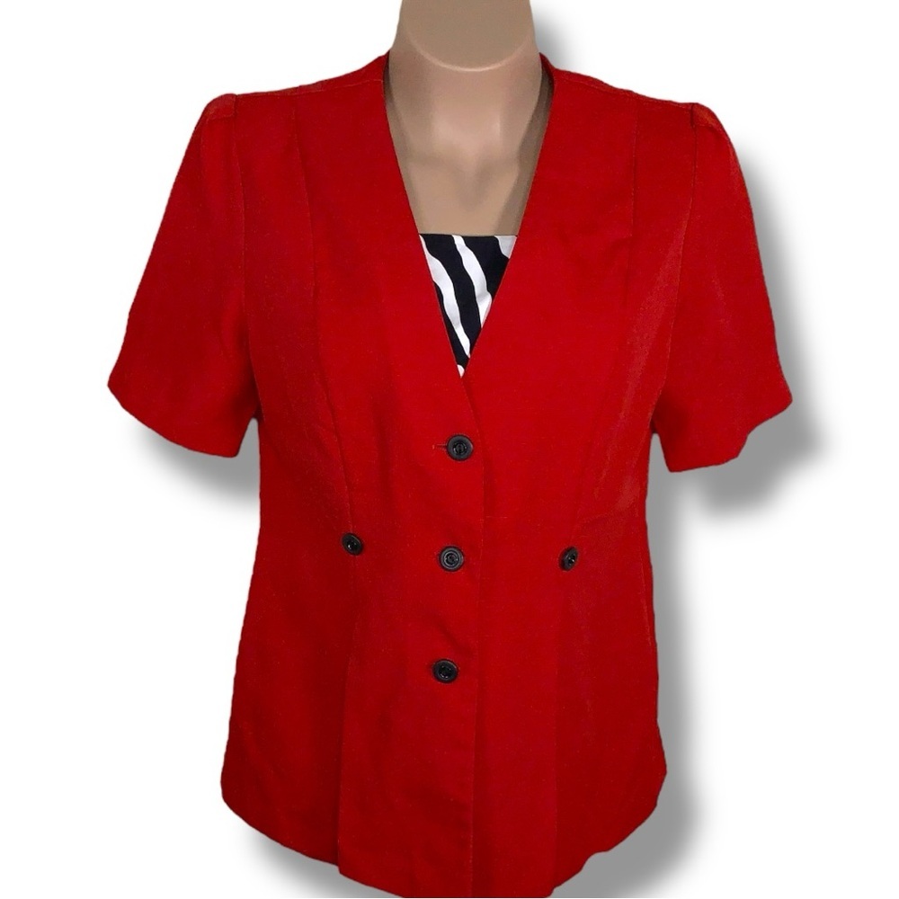 Vintage 80s Era ISB Size 16 Red Black White Zebra Button Up Short Sleeve Blazer